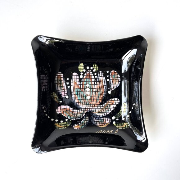 Vintage MCM Mid Century Sascha Brastoff Black Floral Ceramic Square Dish - Picture 1 of 6